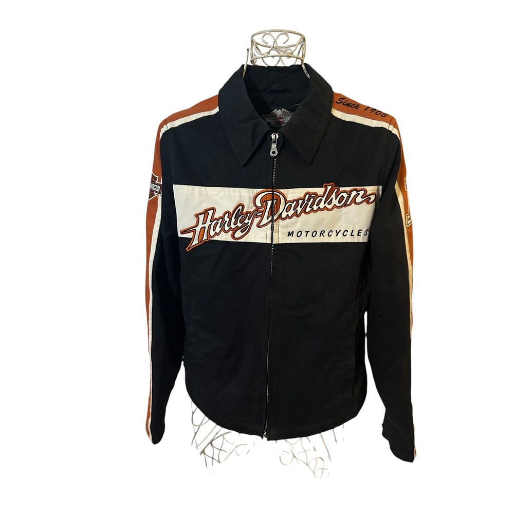 Harley-Davidson Womens Biker Jacket Black Orange Embroidered Logo Zip Up Cotton